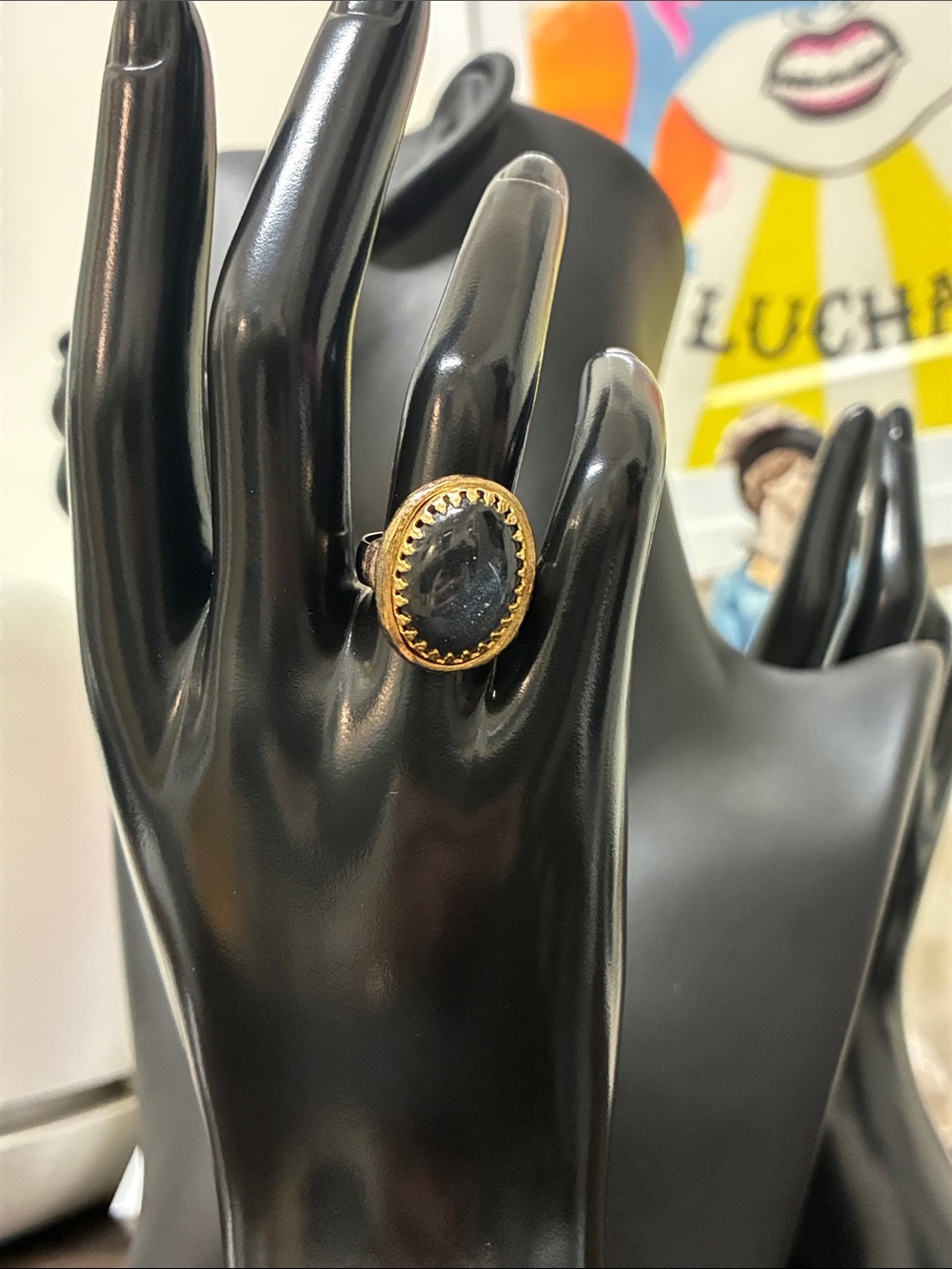 Vintage 1970s Faux Onyx Black Stone Oval Adjustable Ring Mid Century Modern